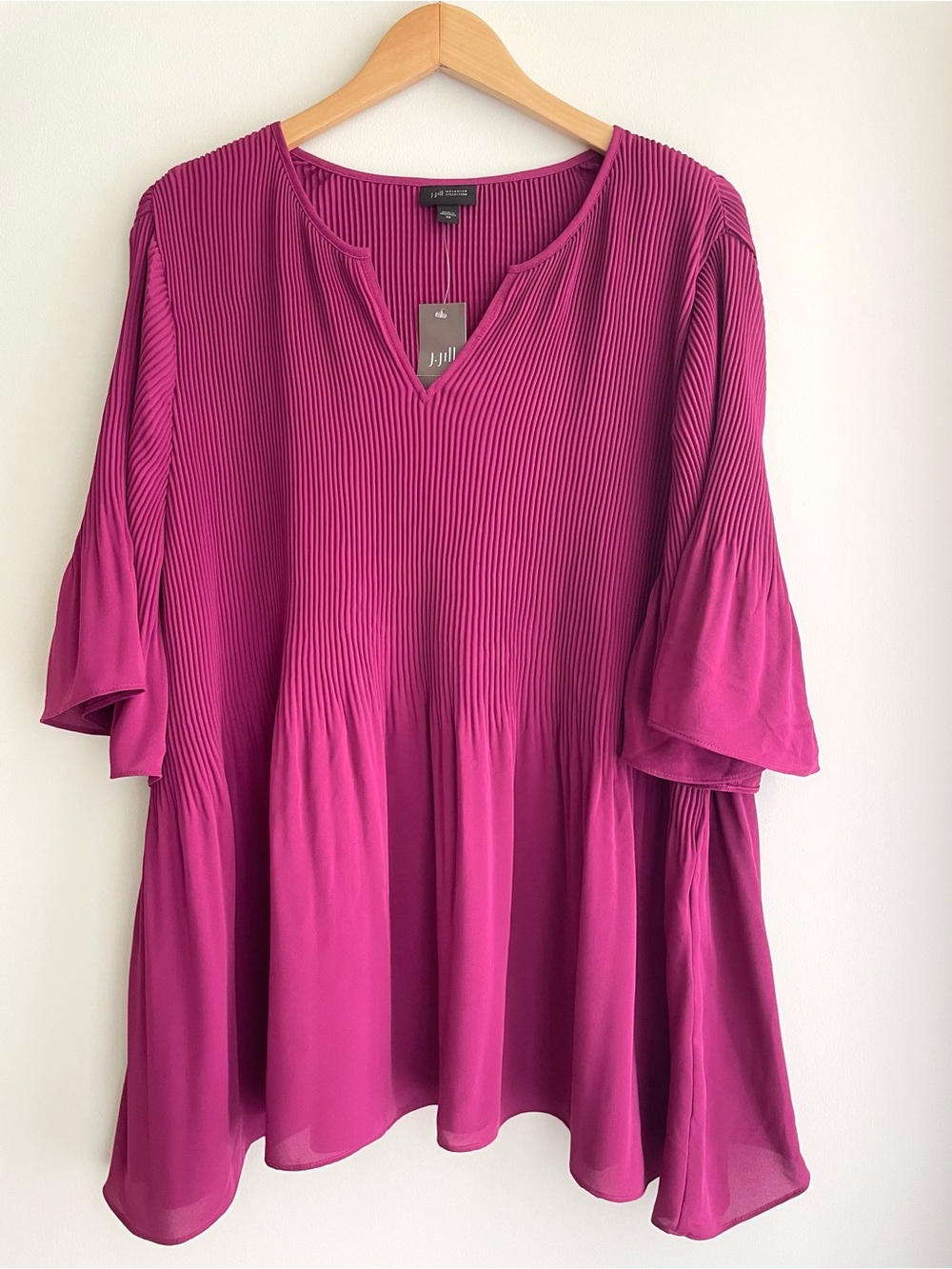 J. Jill Whimsy Magenta Pleated V-Neck Tunic Top with Flowy Bell Sleeves